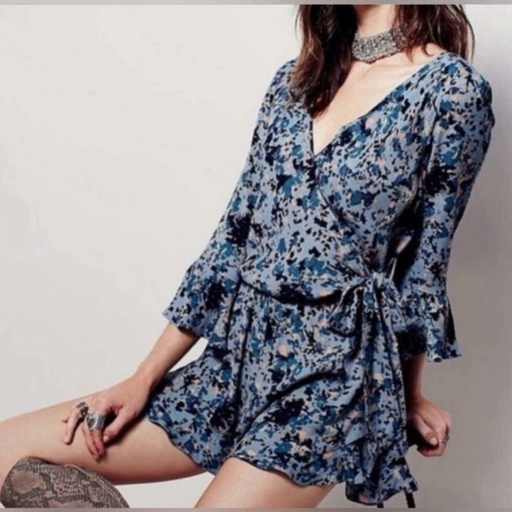 Free People Blue Floral Wrap Romper